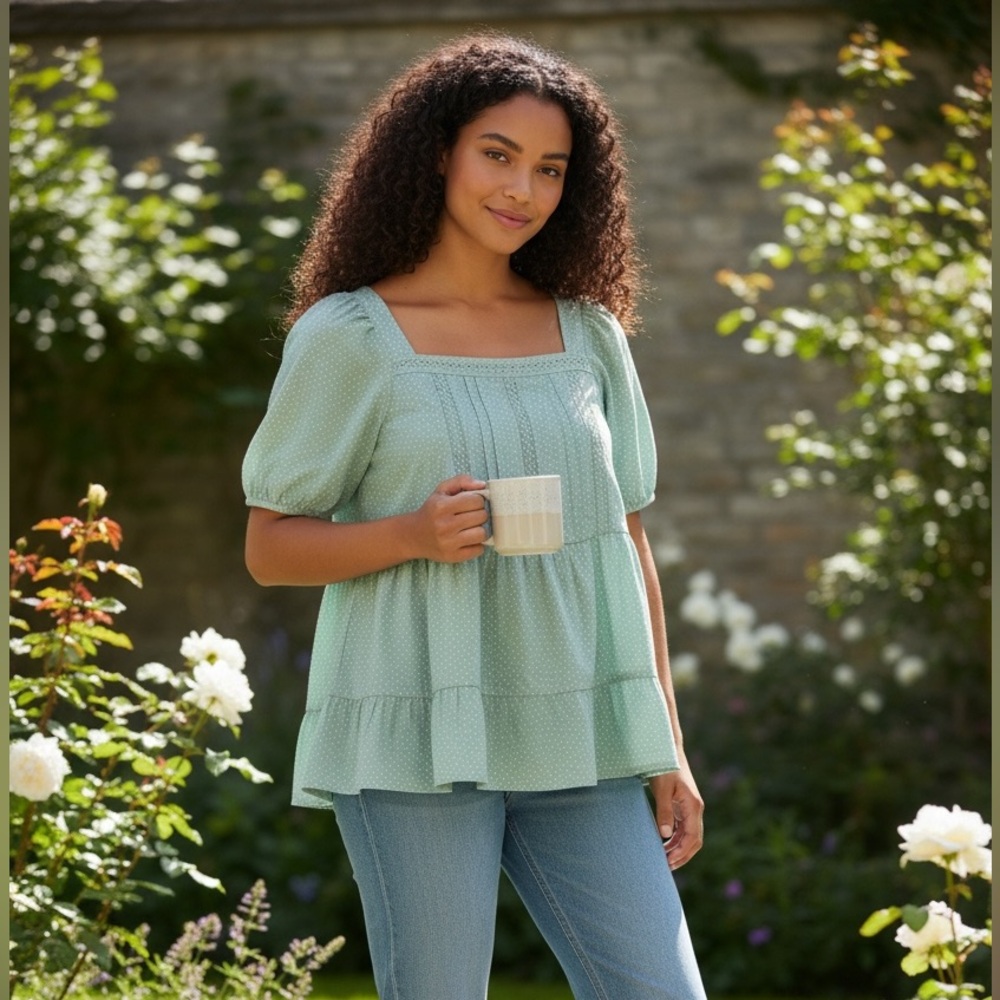 Loft Sage Green Polka Dot Babydoll Square Neck Puff Sleeve Top- S, Cottagecore